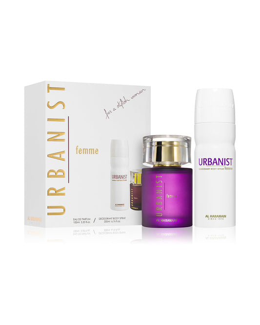 urbanist femme gift set box shows with perfume and deodorant bottle against white background