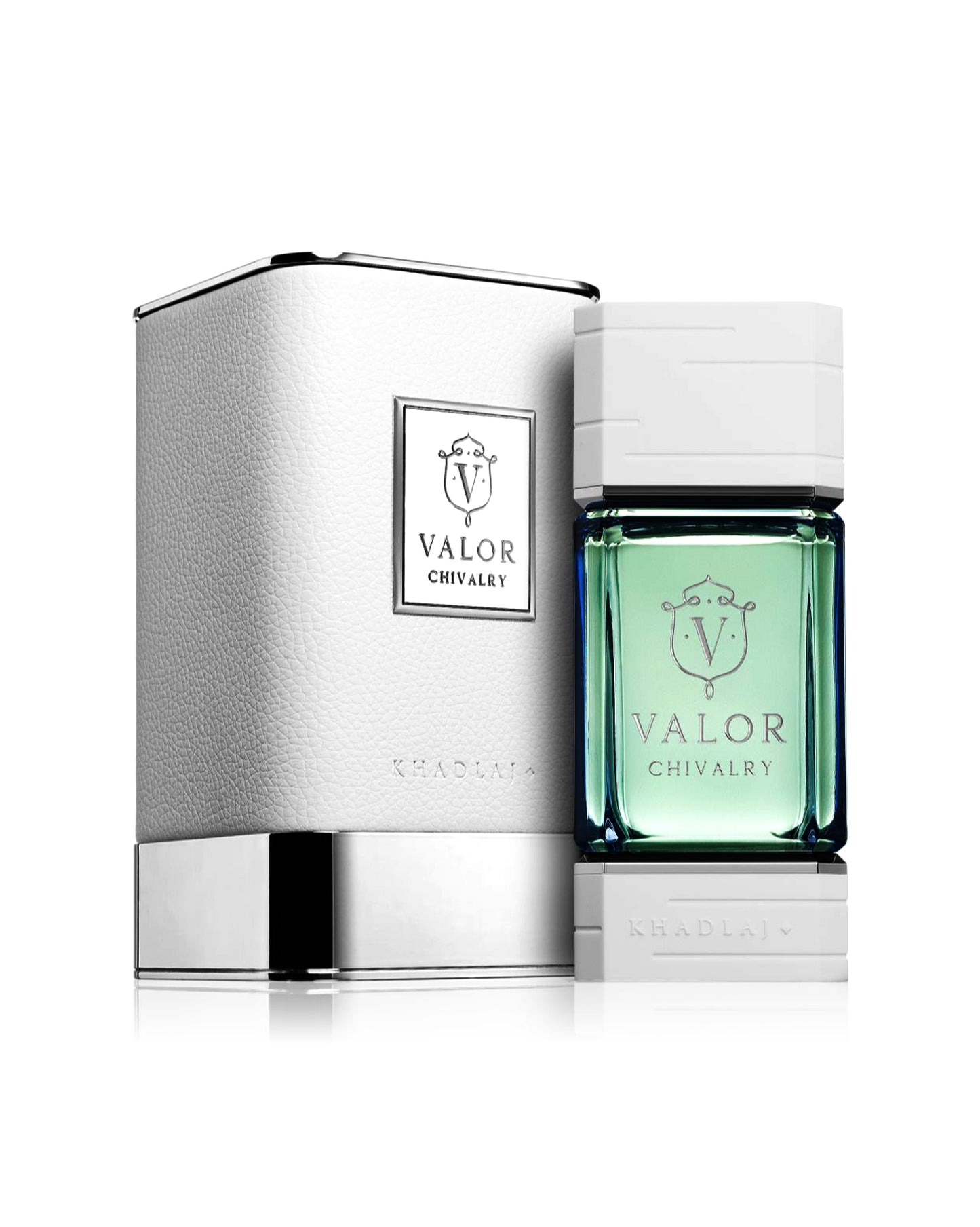 valor chivalry by khadlaj perfumes bottle shows beside its box against white background 