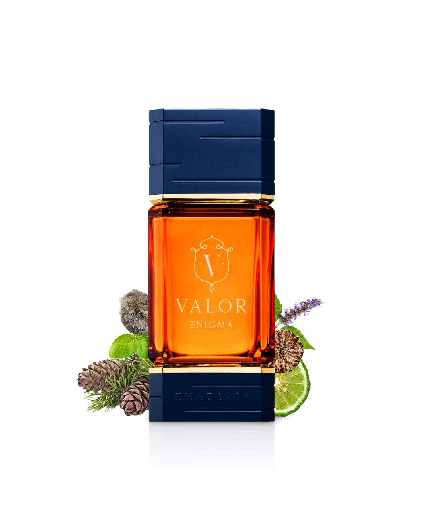 khadlaj valor enigma perfume bottle surrounded with its ingredients like nutmeg and bergamot shows from behind the bottle against white background