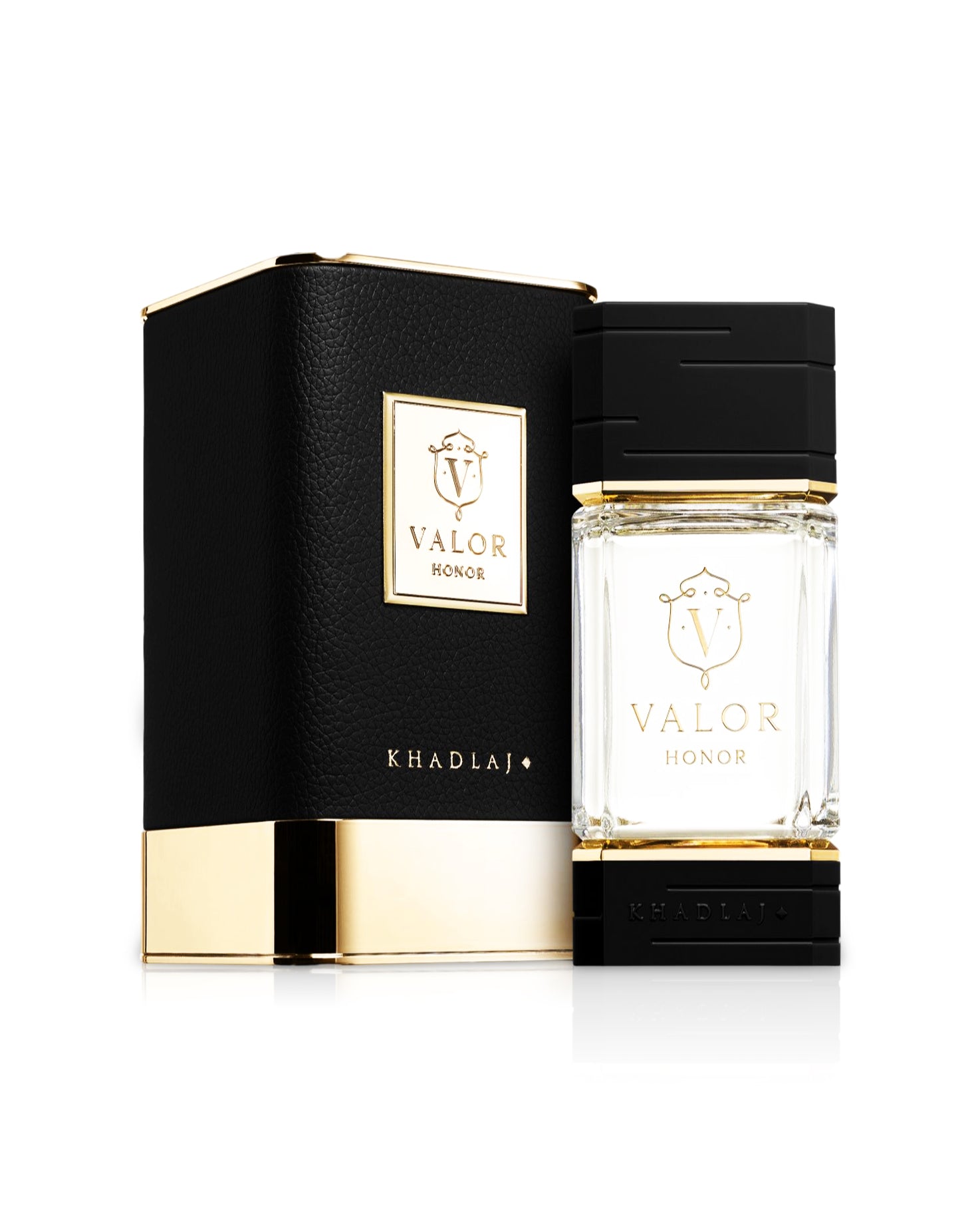 khadlaj valor honor perfume bottle shows beside its leather box against white background