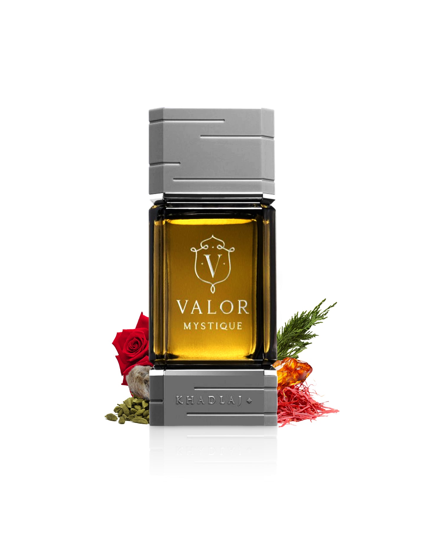 khadlaj valor mystique perfume bottle surrounded with its ingredients like rose and cardamom with many others shows from behind the bottle against white background