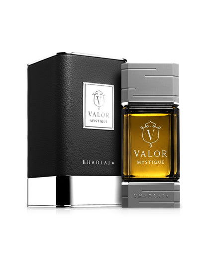 khadlaj valor mystique perfume bottle shows beside its leather box against white background