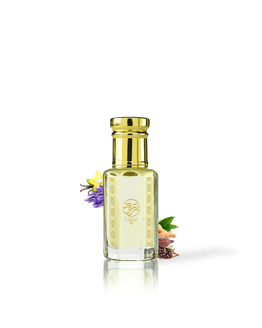 VANILLA MALEKA Gold and clear bottle with decorative elements LIKE CACAO AND VANILLA on a white background