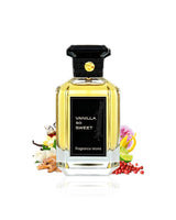 vanilla so sweet perfume bottle surrounded with fragrance notes like benzoin and vanilla shows from behind the bottle against white background