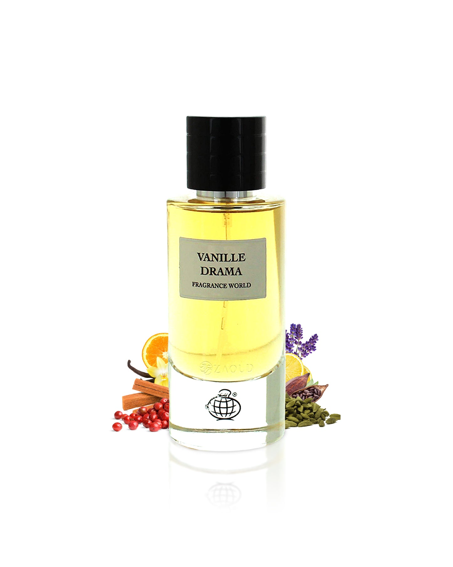 vanilla drama perfume bottle surrounded with fragrance notes like orange and lavender shows against white background