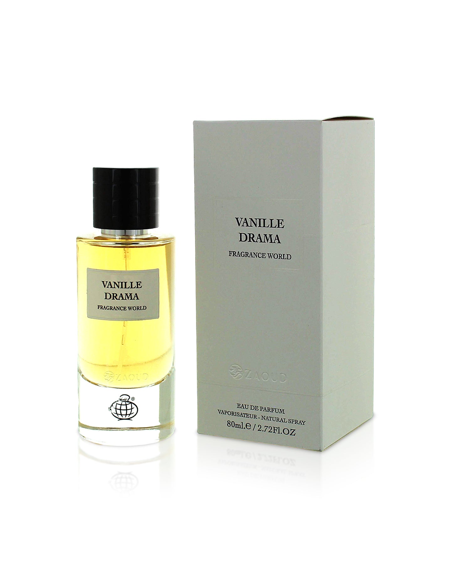 vanilla drama perfume bottle shows beside its box against white background