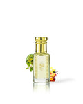 vedia perfume oil bottle surrended with fragrance notes like amber and peach shows against white background