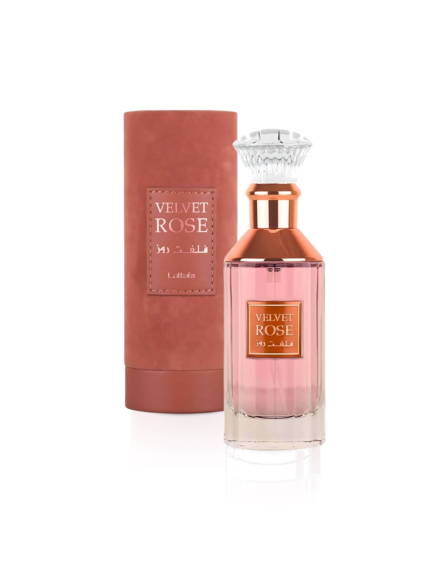 lattafa Velvet Rose perfume bottle with packaging on a white background