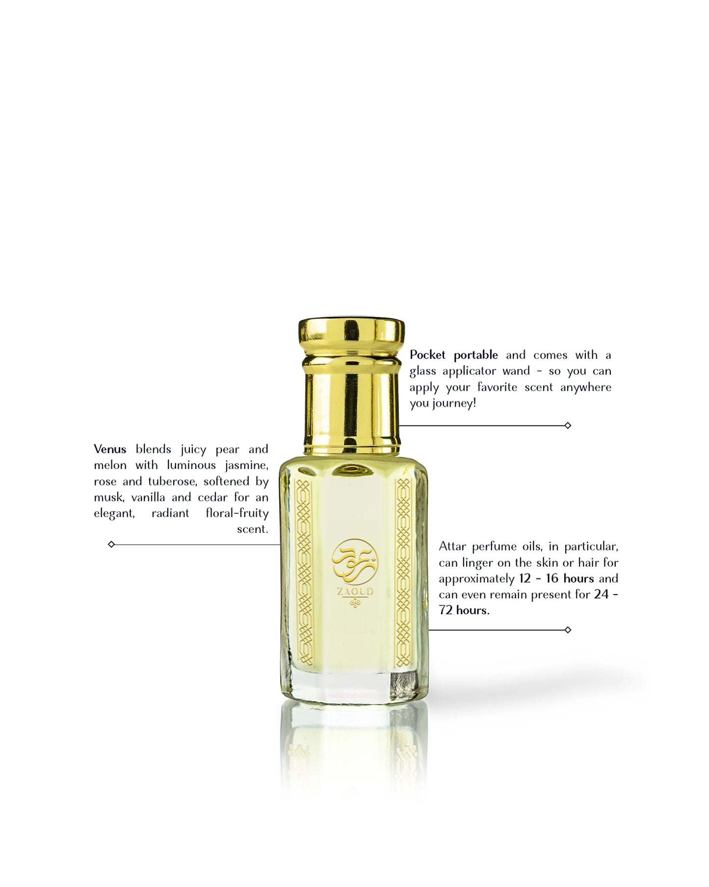 venus perfume oil bottle with a gold cap and gold-embossed label, shown on a white background with descriptive text callouts.