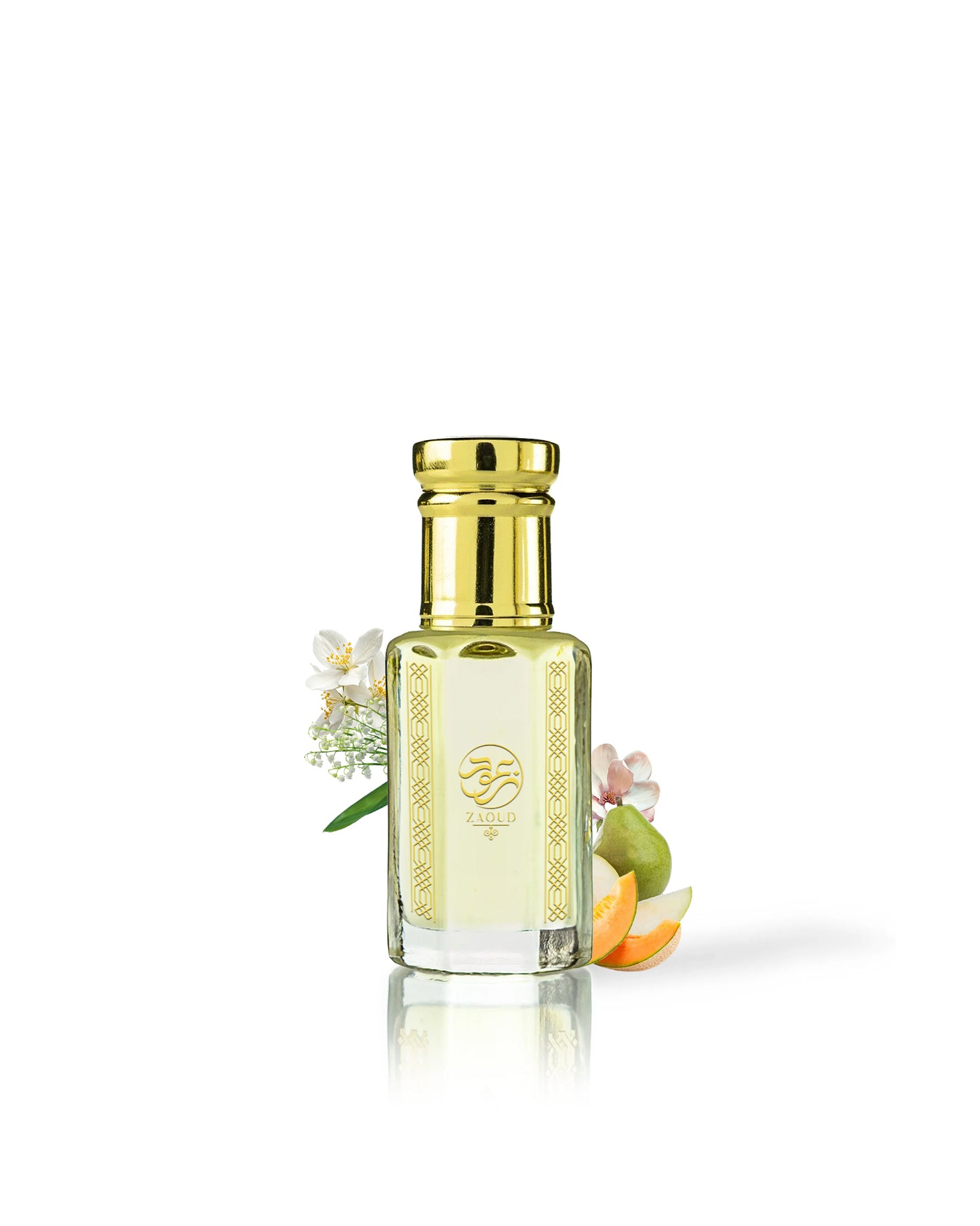 venus perfume oil bottle with a shiny gold cap and gold decorative detailing, filled with pale yellow liquid. The bottle is centered on a white background with small floral and citrus garnish elements near the base.