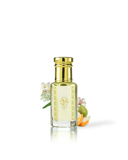venus perfume oil bottle with a shiny gold cap and gold decorative detailing, filled with pale yellow liquid. The bottle is centered on a white background with small floral and citrus garnish elements near the base.