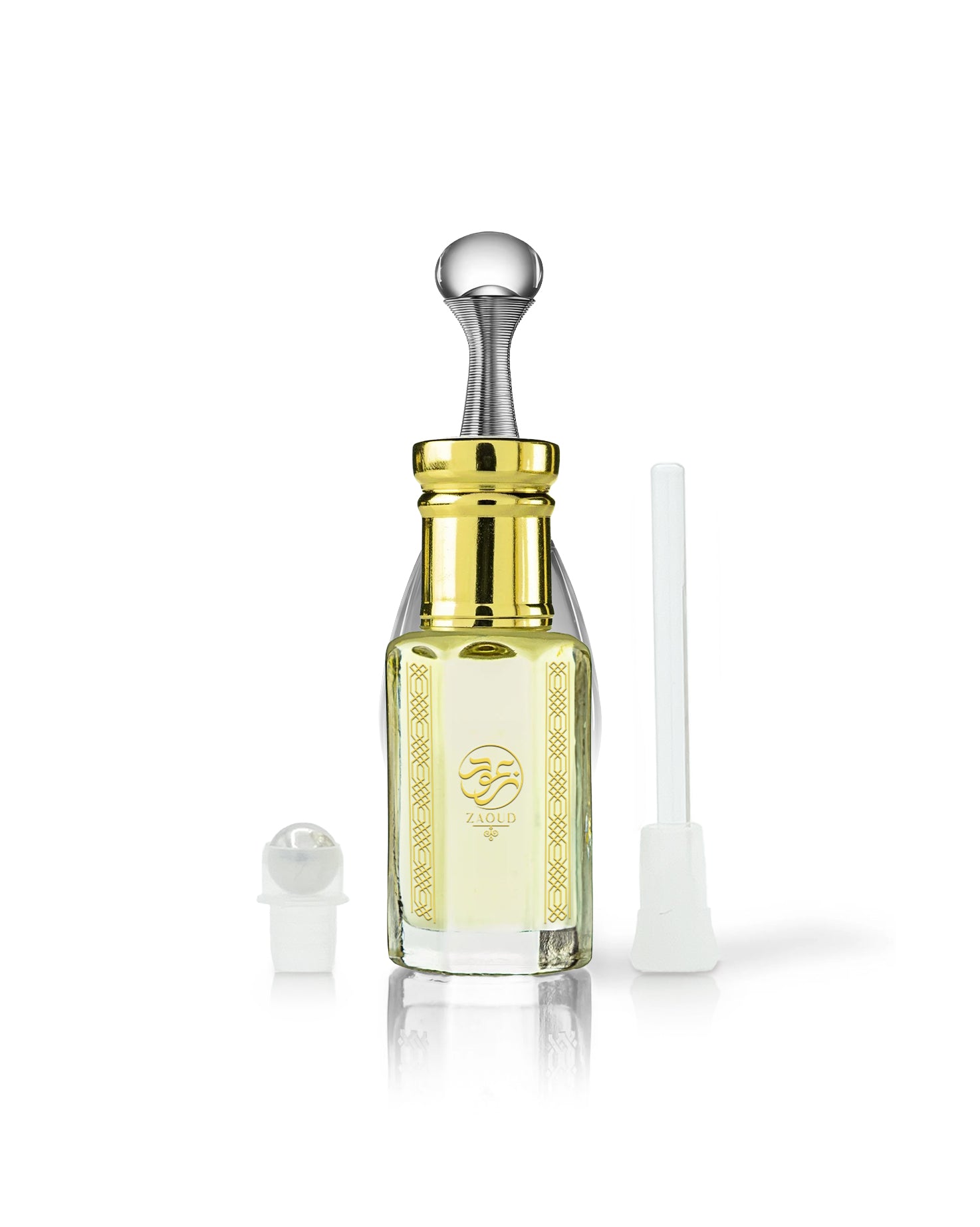 venus perfume oil bottle with a shiny gold neck and silver dropper cap, shown on a white background with a small white cap off to the left and a white applicator tube to the right.