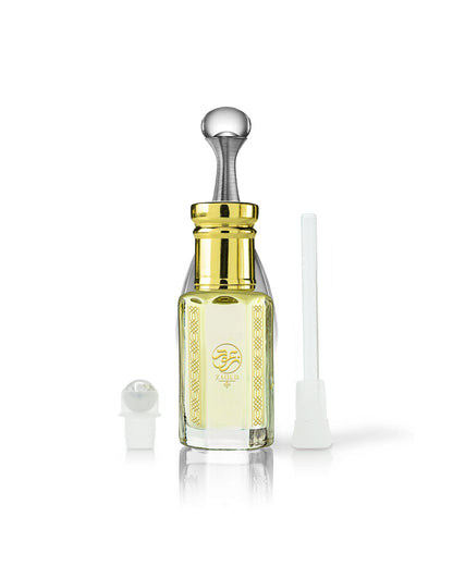 venus perfume oil bottle with a shiny gold neck and silver dropper cap, shown on a white background with a small white cap off to the left and a white applicator tube to the right.