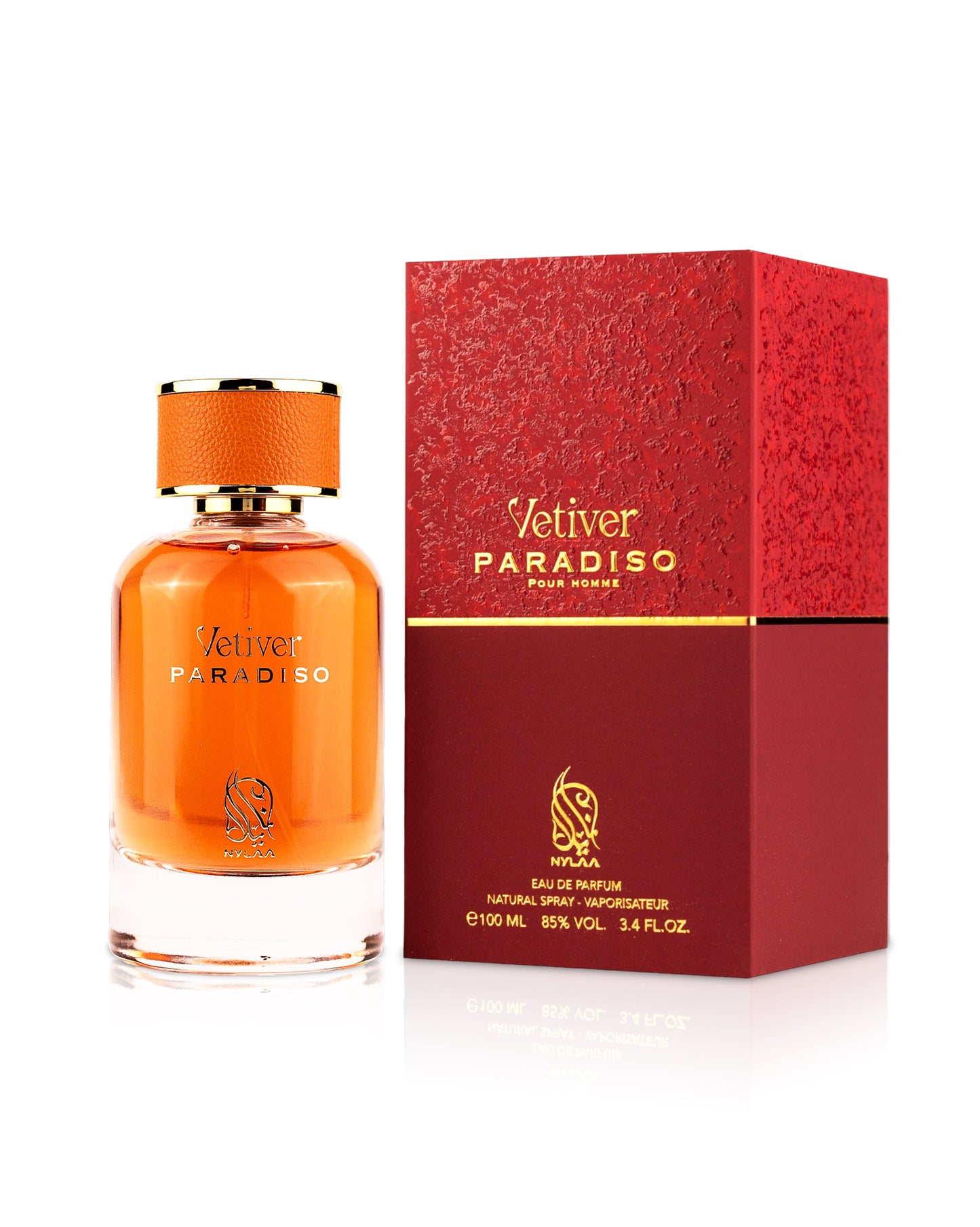 nylaa vetiver paradiso perfume bottle shows beside its box against white background