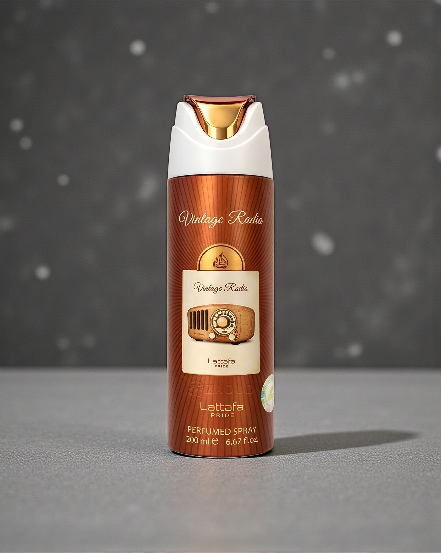 Lattaafa Vintage Radio deodorant spray bottle on a gray background