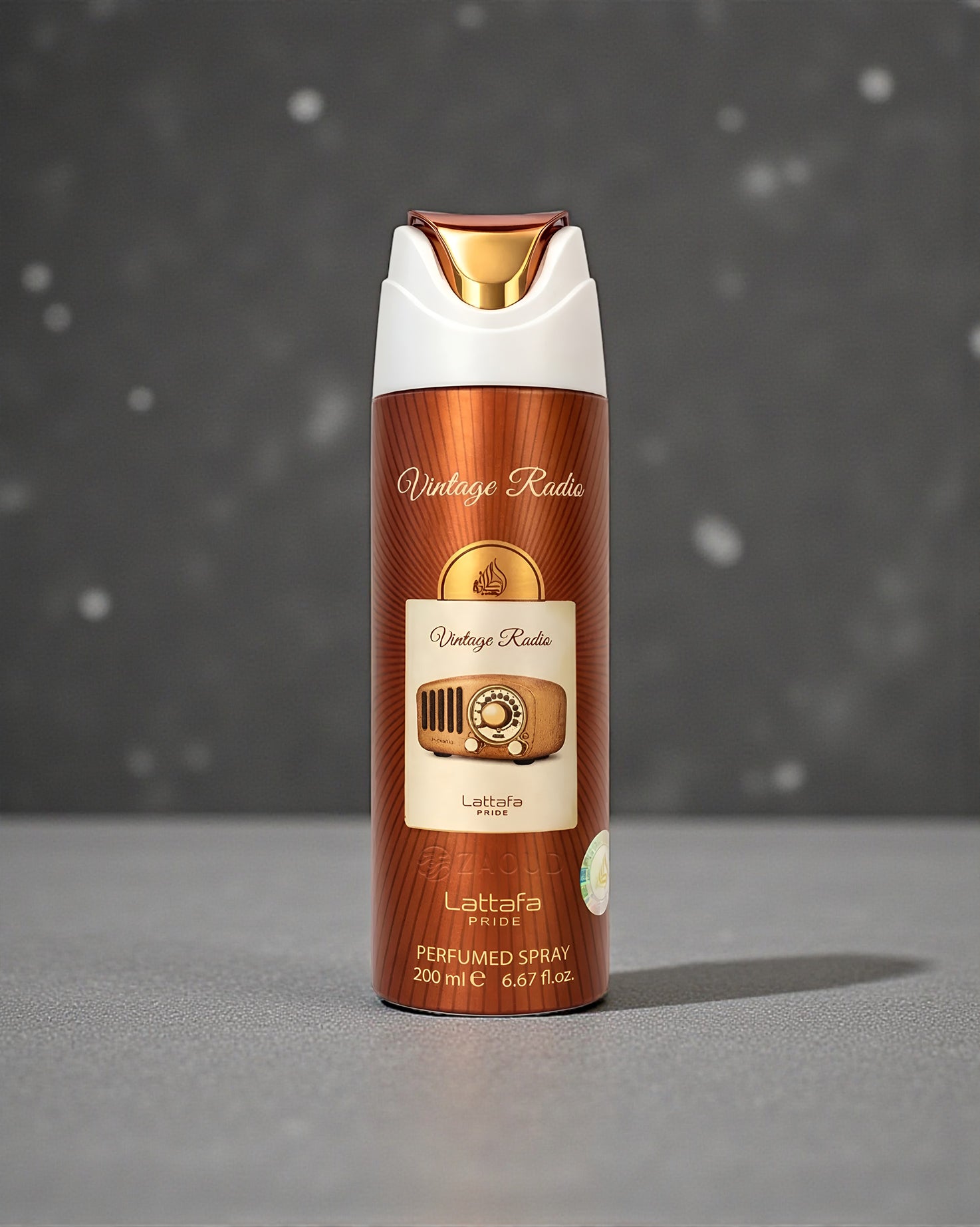 Lattaafa Vintage Radio deodorant spray bottle on a gray background