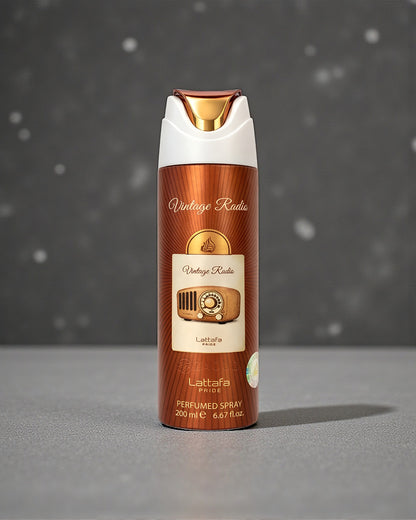 Lattaafa Vintage Radio deodorant spray bottle on a gray background