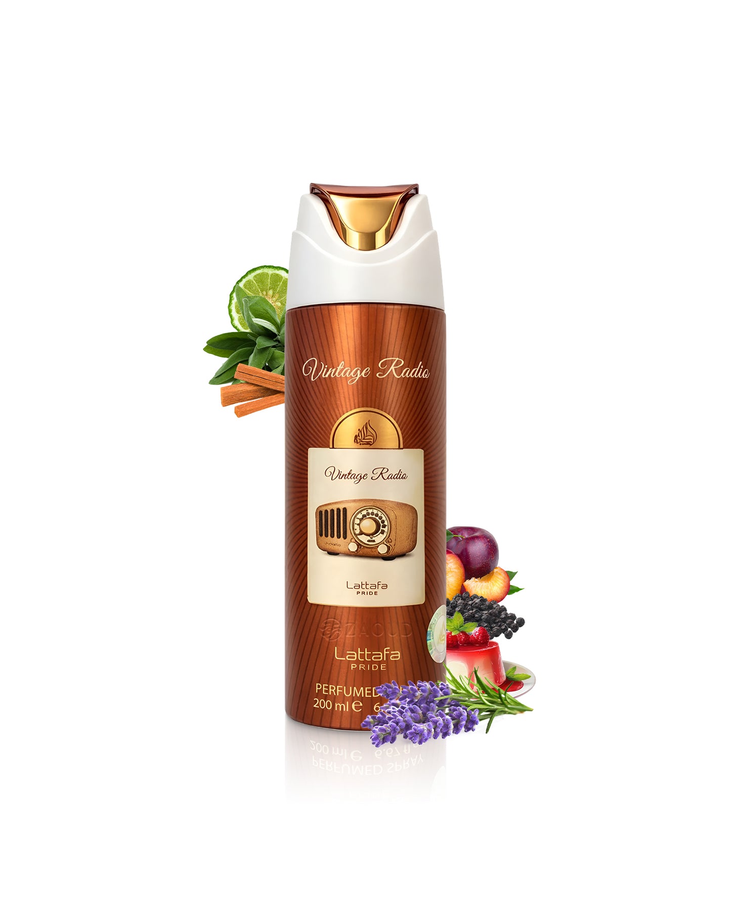 lattafa Vintage Radio body spray bottle surrounded by fragrance notes like lavender and citrus on a white background
