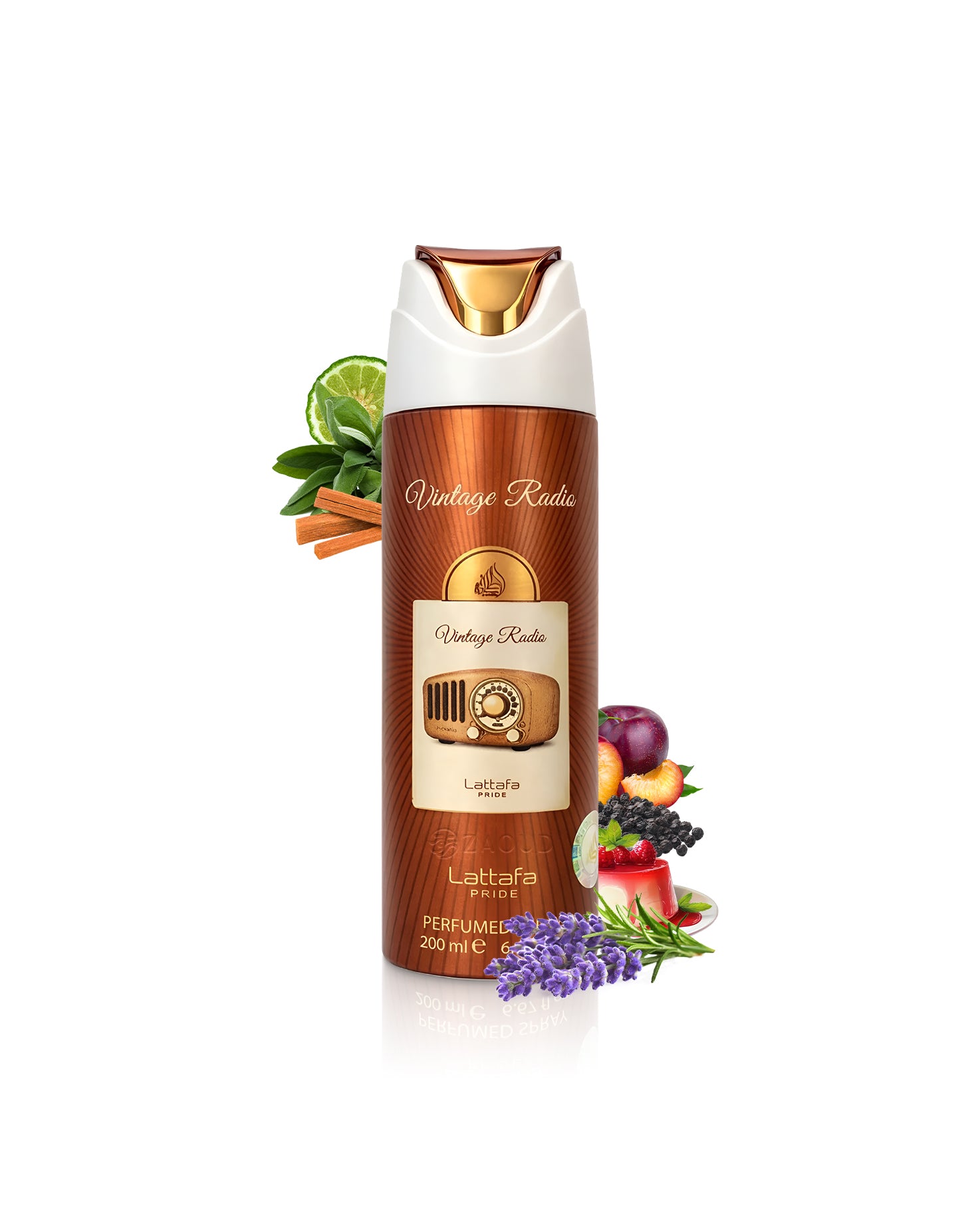 lattafa Vintage Radio body spray bottle surrounded by fragrance notes like lavender and citrus on a white background