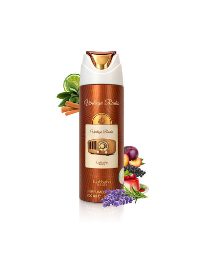 lattafa Vintage Radio body spray bottle surrounded by fragrance notes like lavender and citrus on a white background