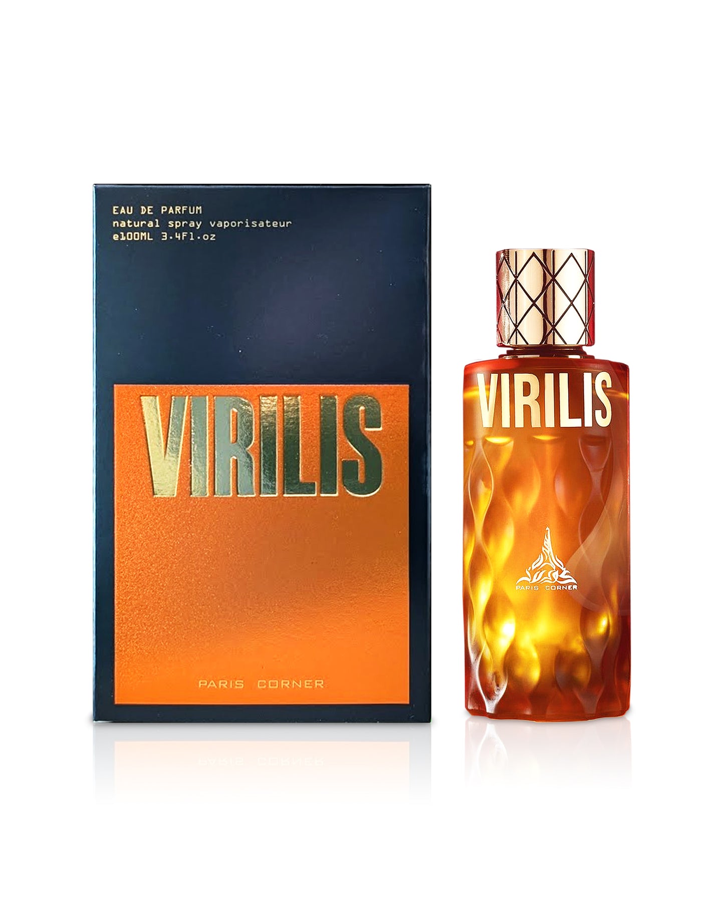 paris corner virilis perfume bottle shows beside its box against white background