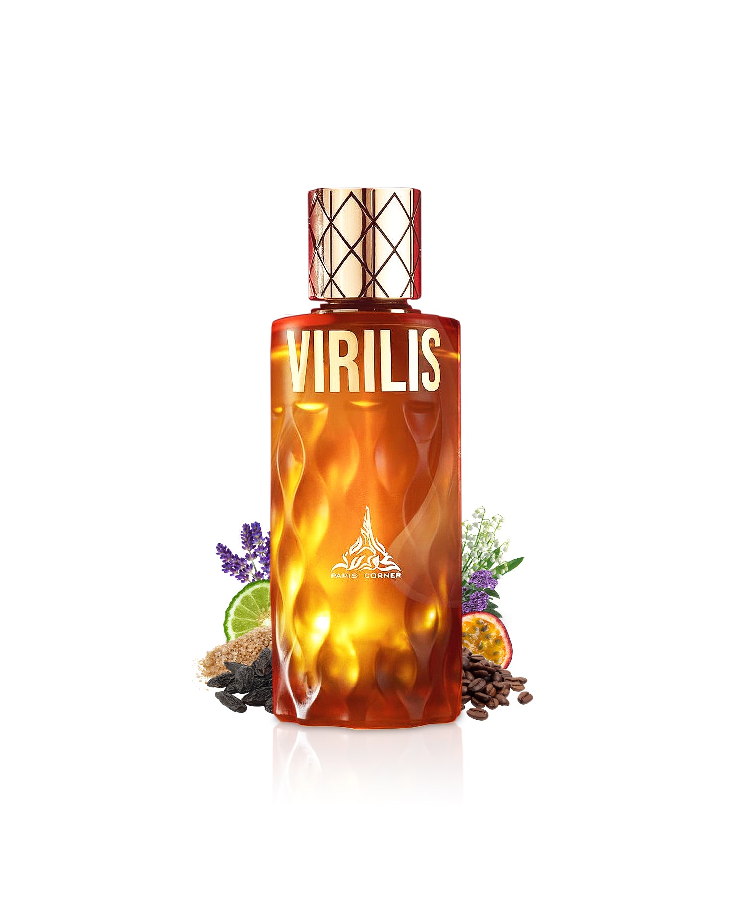 paris corner virilis perfume bottle surrounded with fragrance notes like tonkabean and coffee  shows from behind the bottle against white background