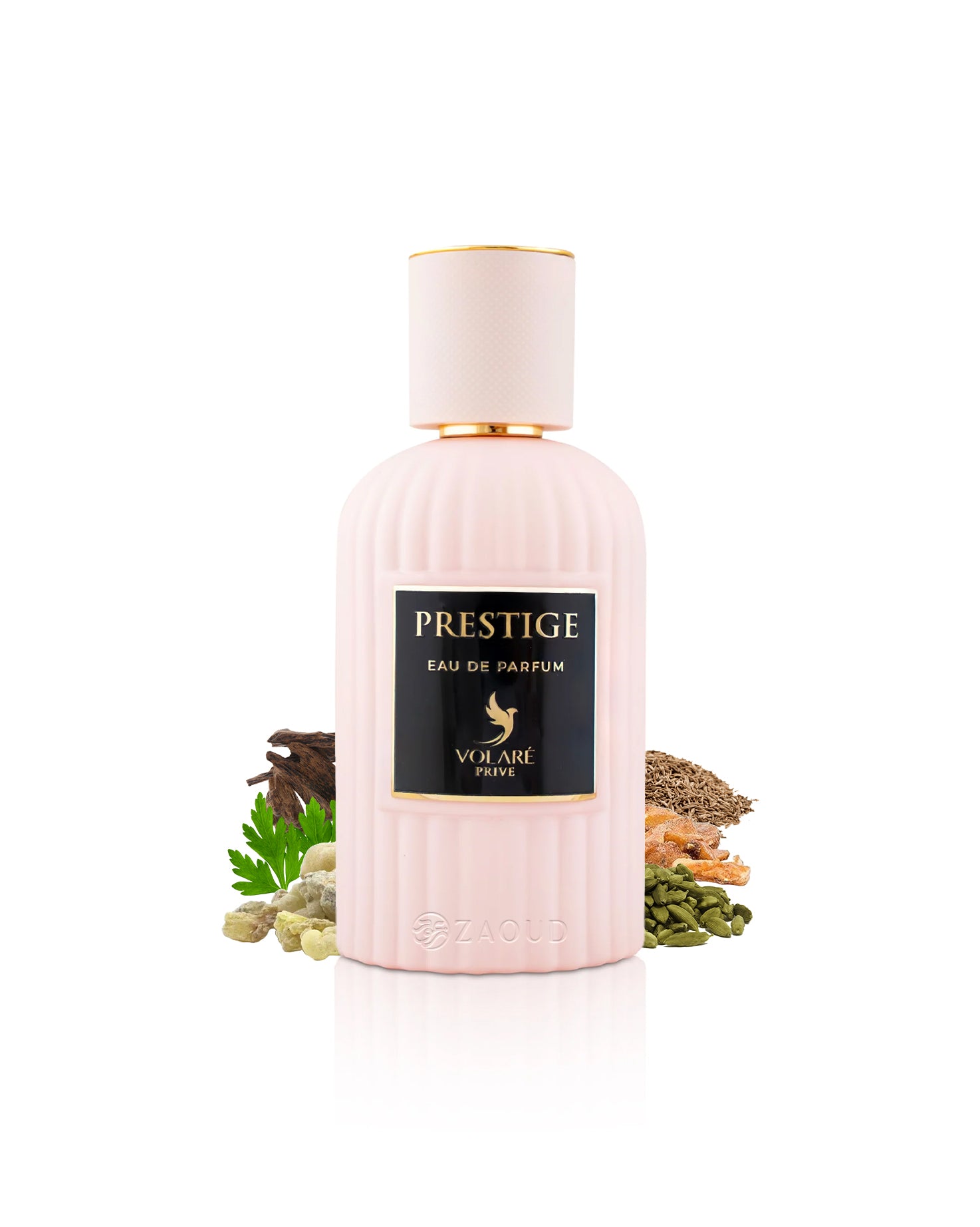 volare prestige perfume bottle surrounded by fragrance notes like cardamom and incense shows against white background