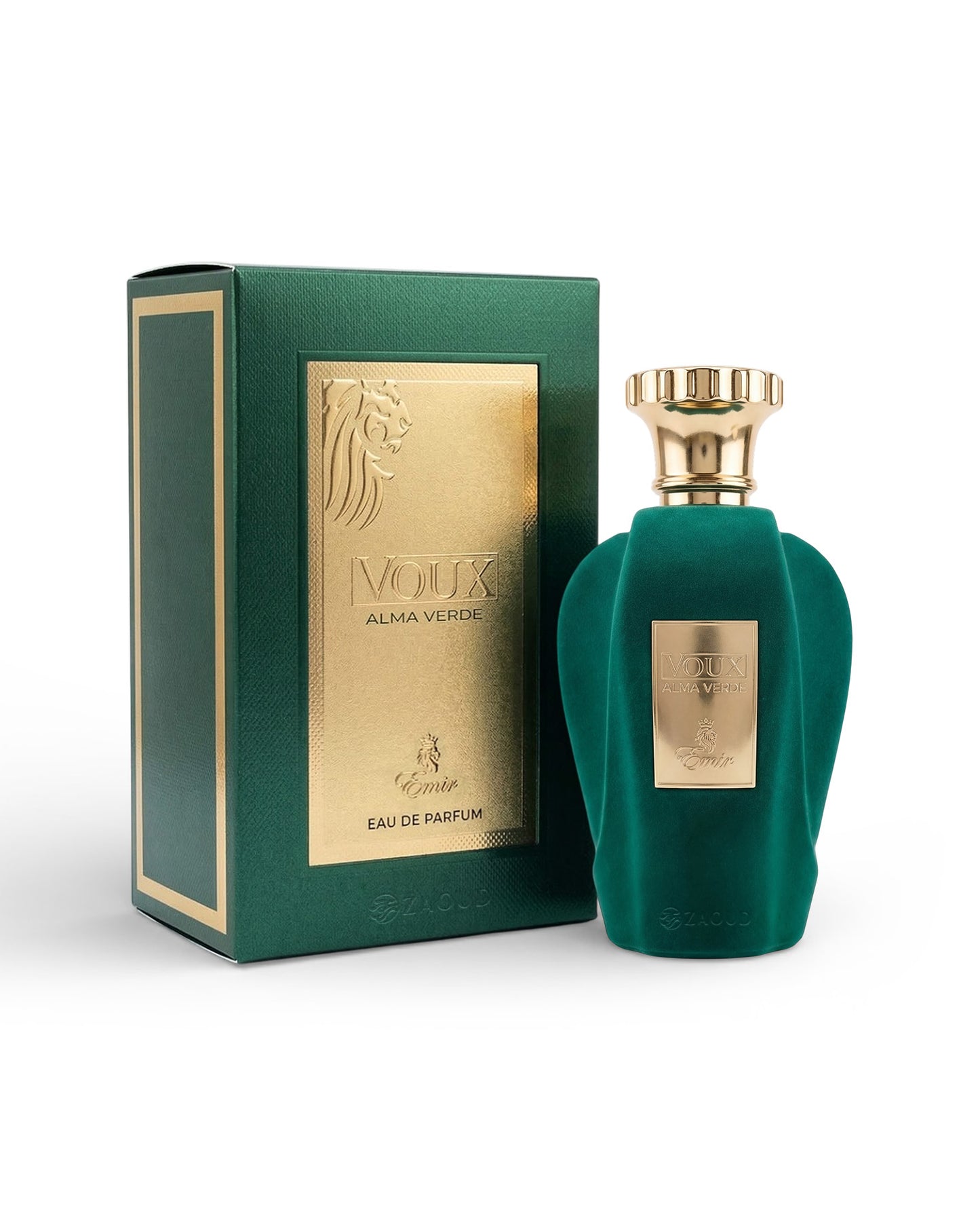 voux alma verde perfume bottle shows beside packaging against white background