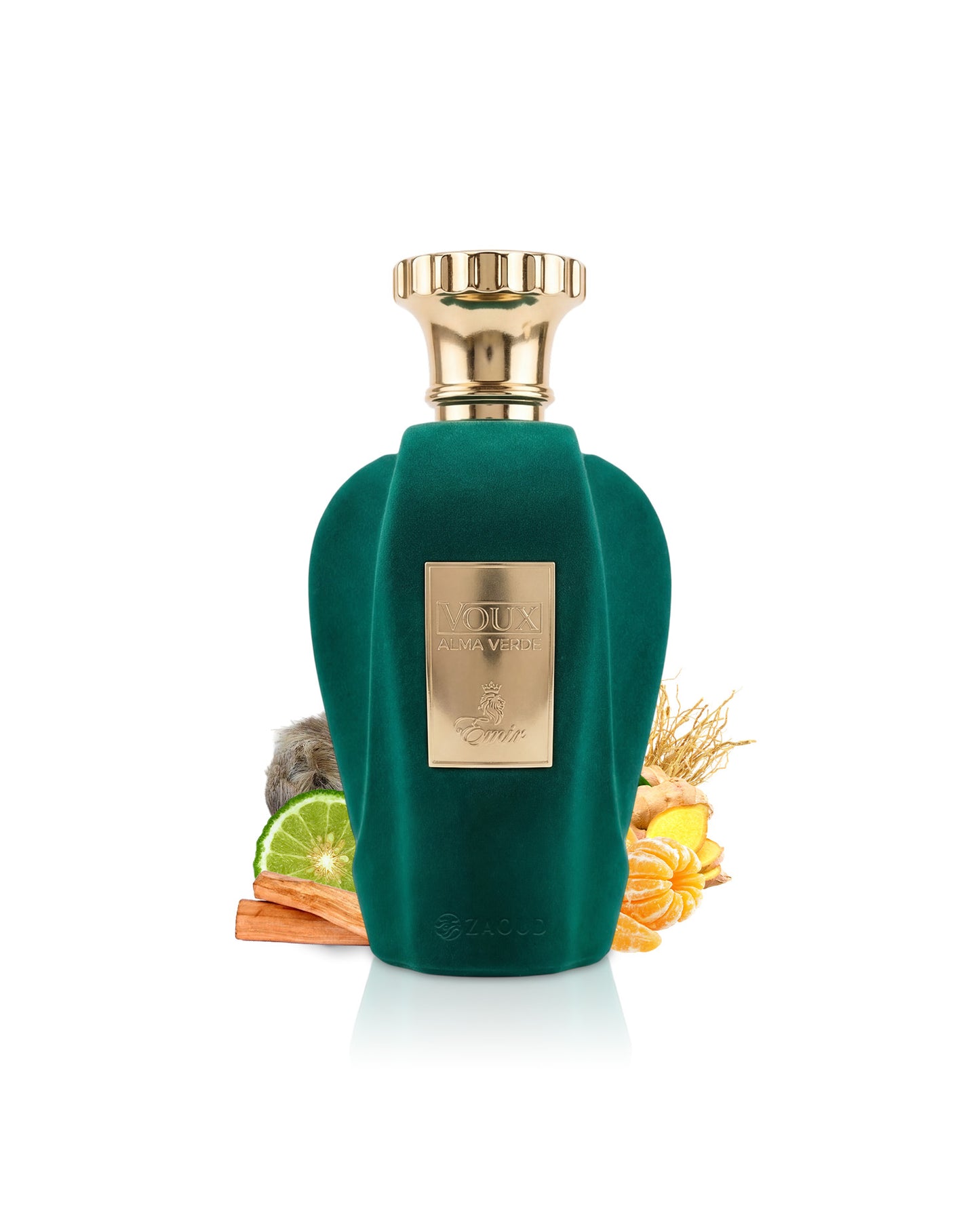 voux alma verde perfume bottle surrounded by fragrance notes like orange and citrus shows against white background