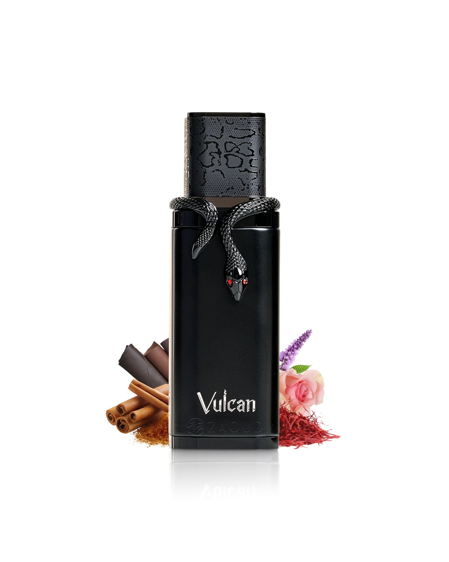 vulcan black friday perfume bottle surrounded by fragrance notes like saffron and cinnamon shows against white background