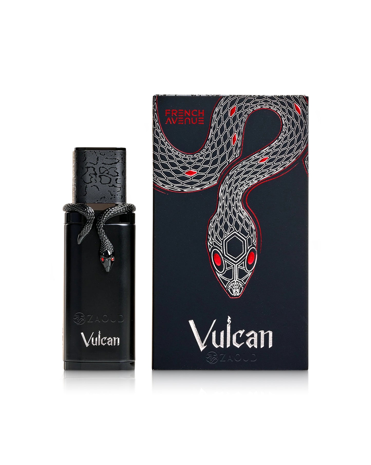 vulcan black friday perfume bottle shows beside its packaging  against white background