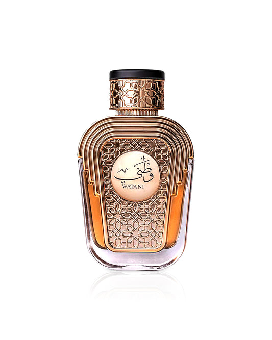 Al wataniah Perfume bottle with intricate design and 'Watani purple' branding on a white background