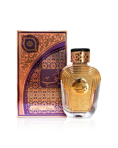 Al wataniah watani purple Gold perfume bottle with decorative box on a white background