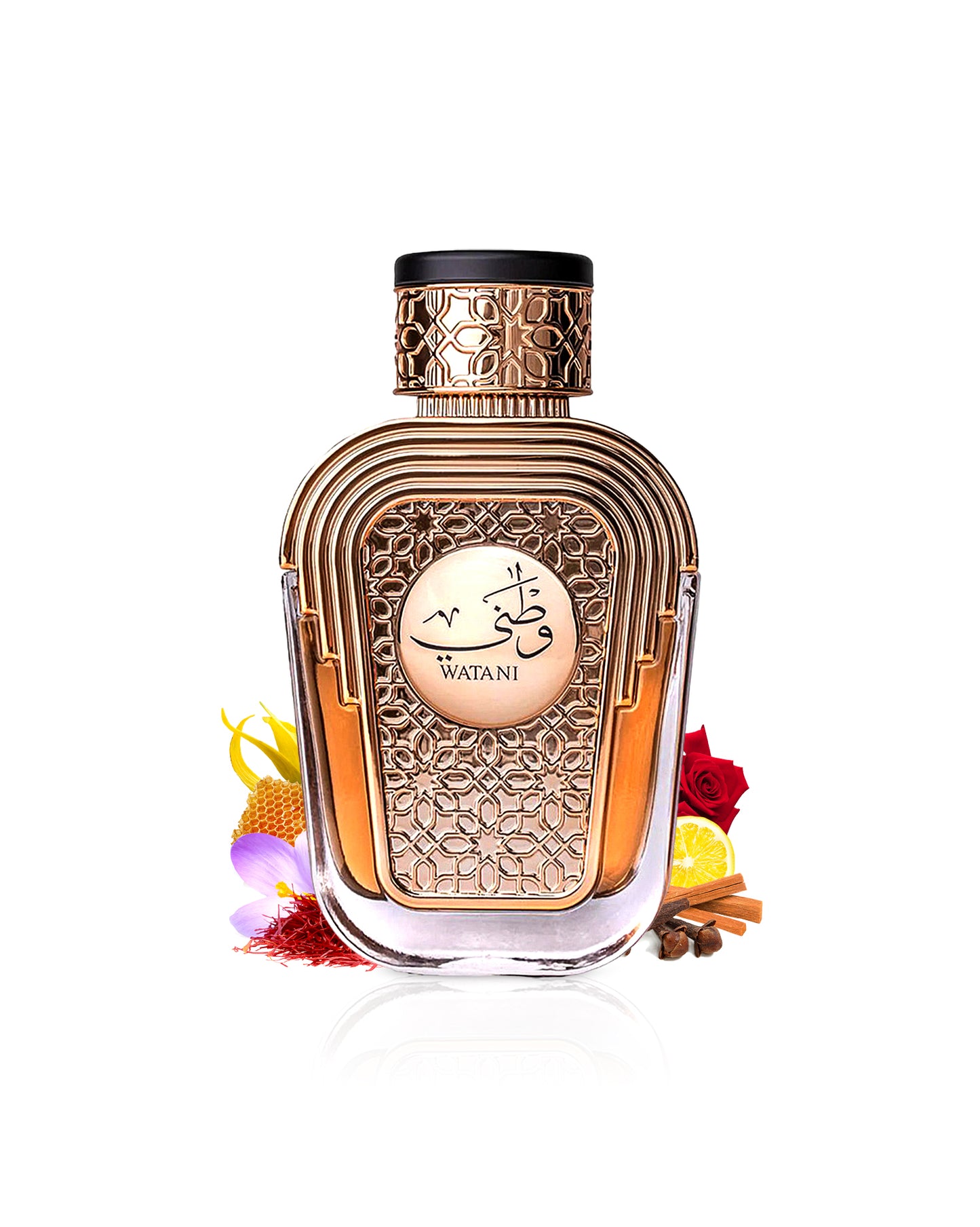 watani by al wataniah perfume bottle surrounded with its ingredients like saffron and rose with many others shows behind the bottle against white background