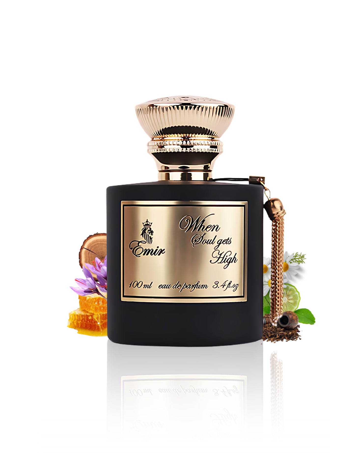 when soul gets high by emir paris corner perfumes bottle surrounded with its ingredients like honey and saffran with many others shows from behind the bottle against white background