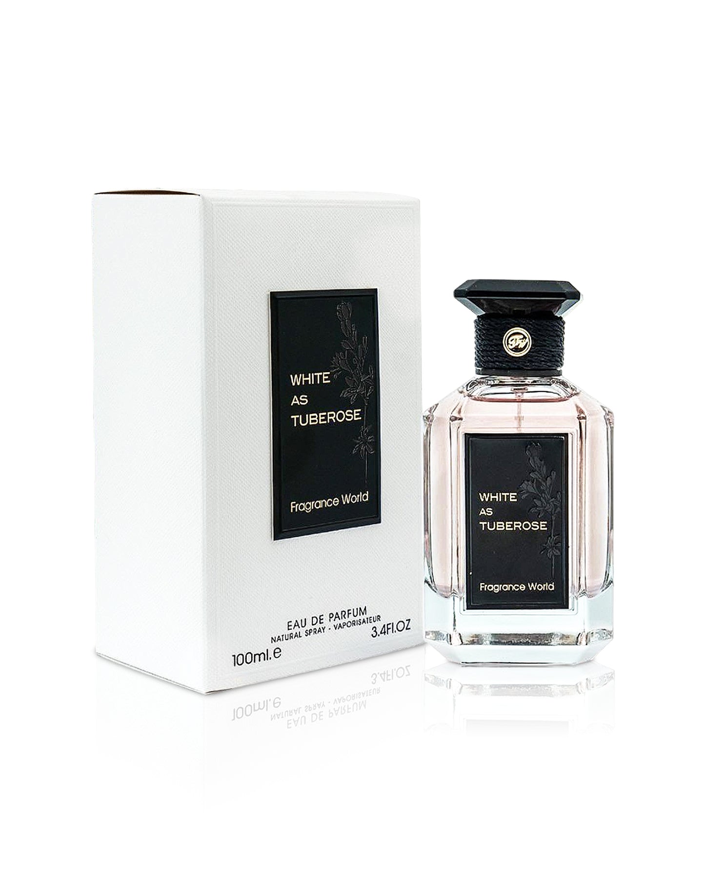 fragrance world white as tuberose perfume bottle shows beside its box  against white background