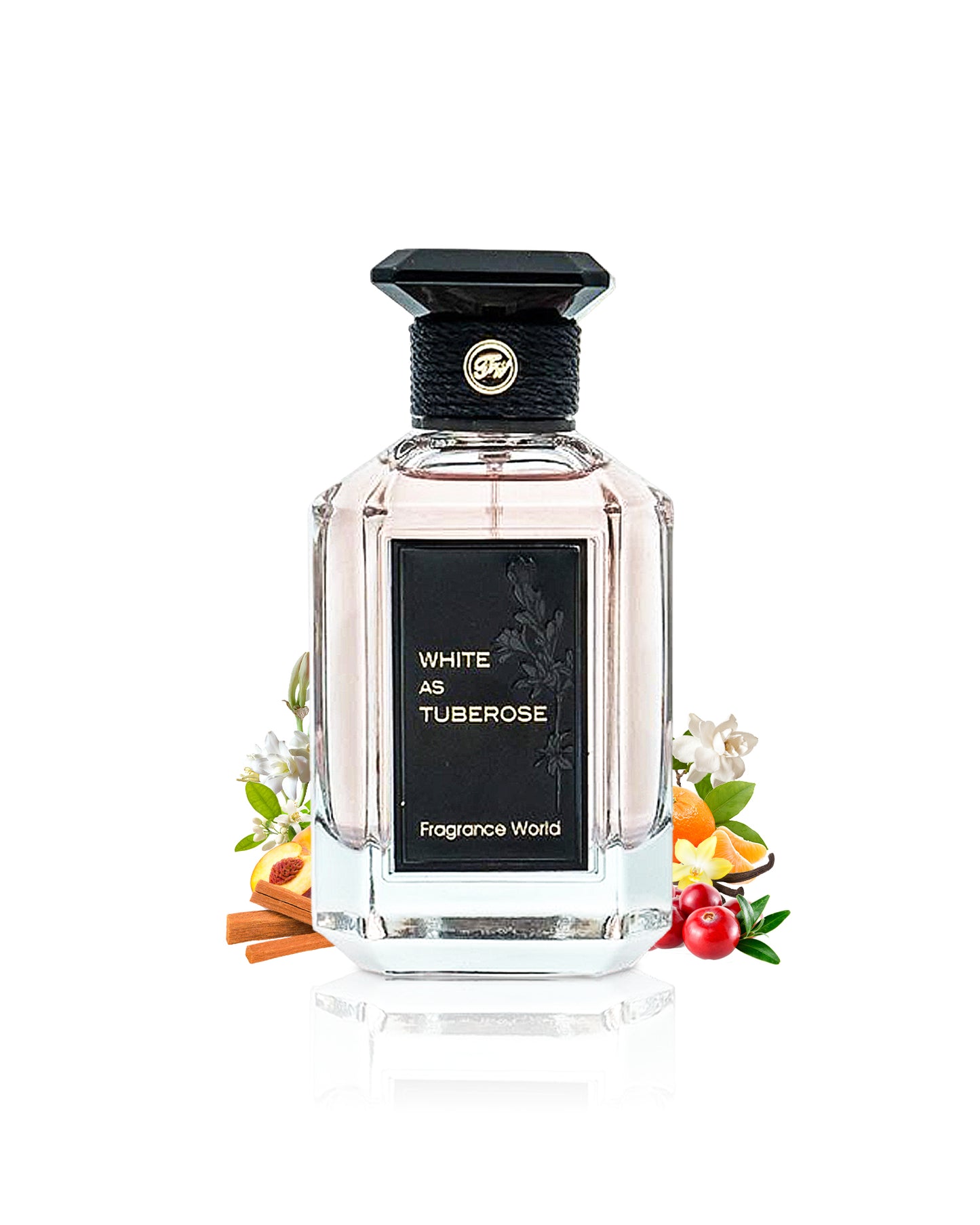 fragrance world white as tuberose perfume bottle surrounded with fragrance notes like jasmine and lily shows from behind the bottle  against white background