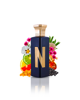  Analyzing image     wild obsession aqua parfum bottle surrounded by papper amber against white background