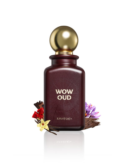 wow oud edp by khadlaj perfume bottle surrounded with its ingredients like oud and vanilla with many others shows from behind the bottle against white background