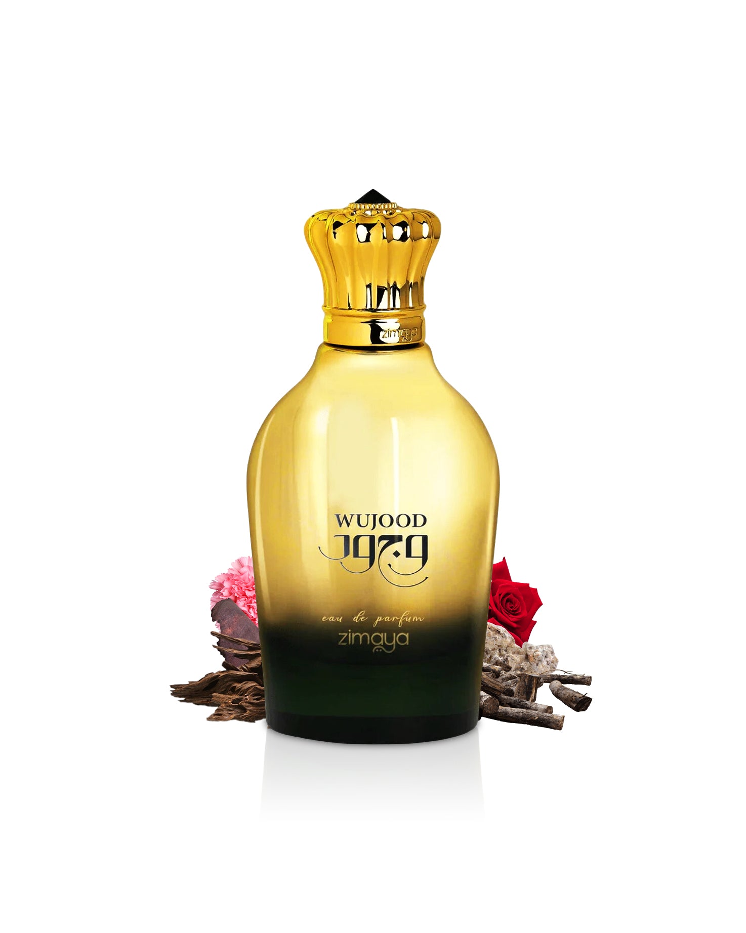 zimaya wujood perfume bottle surrounded with fragrance notes like oud and rose shows against white background