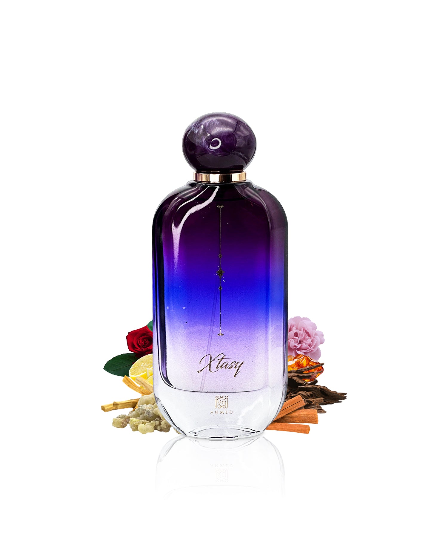 ahmed al maghribi xtasy perfume bottle surrounded with fragrance notes like incense and rose shows from behind the bottle  against white background