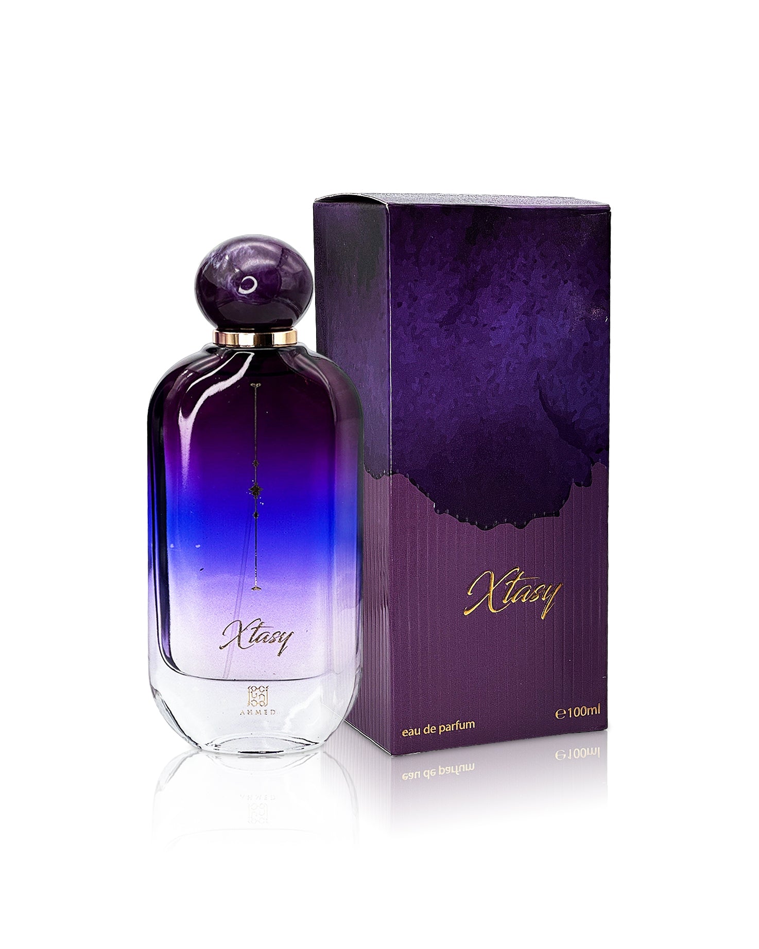 ahmed al maghribi xtasy perfume bottle shows shows beside its box against white background