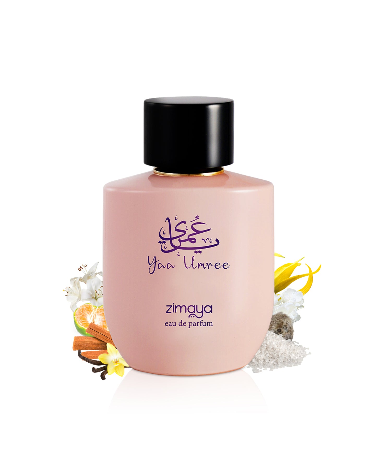 yaa umree by zimaya perfume bottle surrounded with its ingredients like salt and vanilla with many others shows from behind the bottle against white background