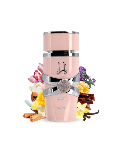 lattafa yara Pink and silver device with floral and spice elements like vanilla and ylang ylang on a white background