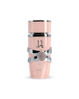 lattafa yara Pink and silver bottle with a brand logo on a white background