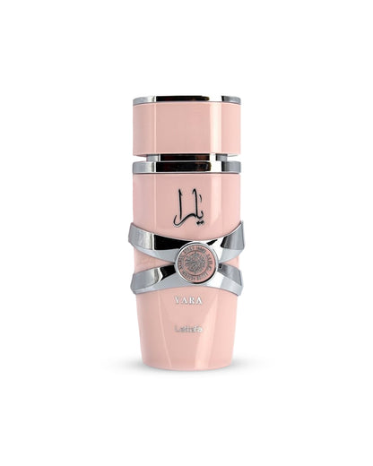lattafa yara Pink and silver bottle with a brand logo on a white background