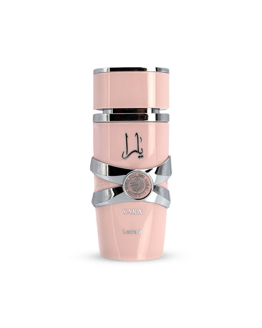 lattafa yara Pink and silver bottle with a brand logo on a white background