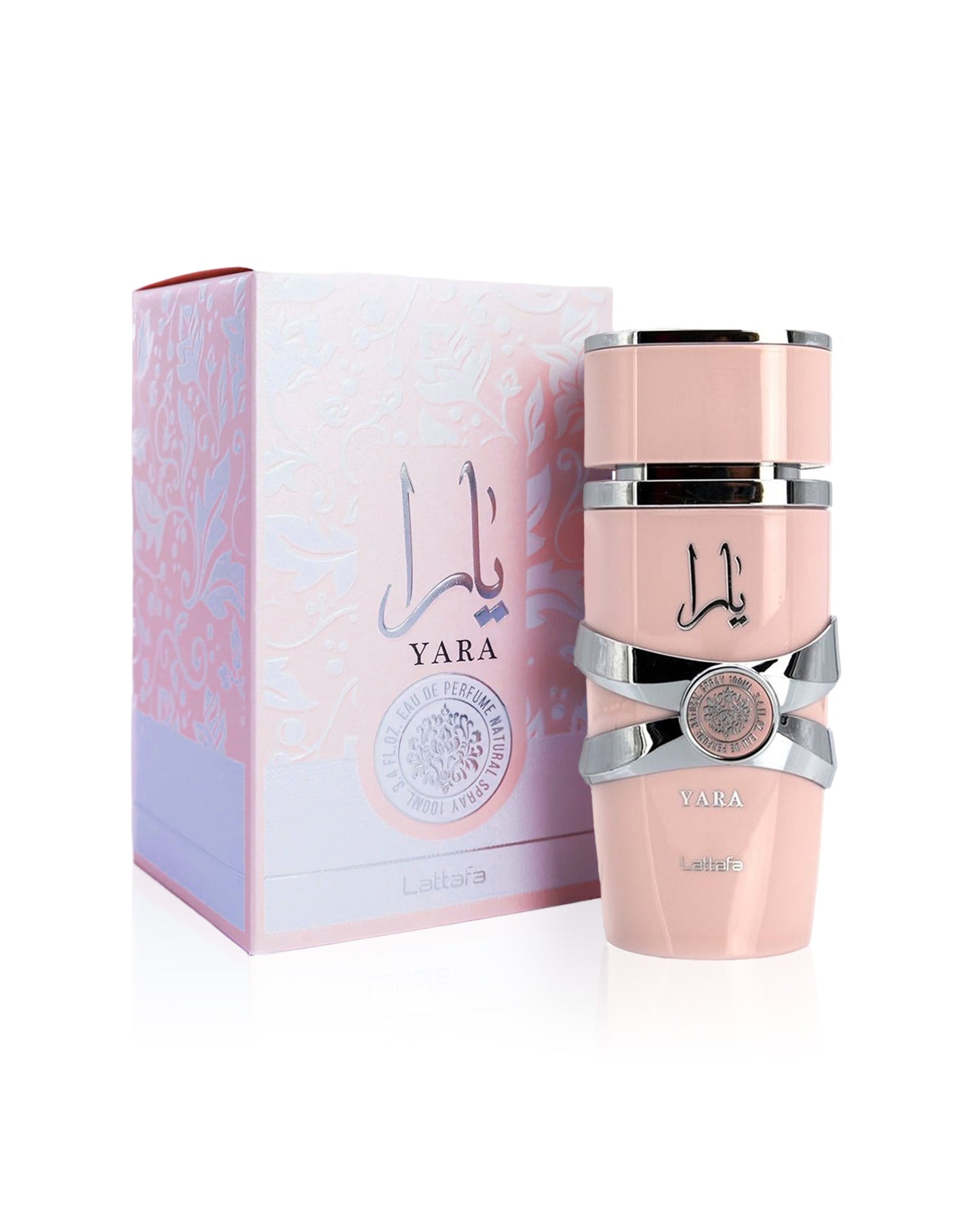 lattafa yara Pink perfume bottle with silver accents and matching box on a white background