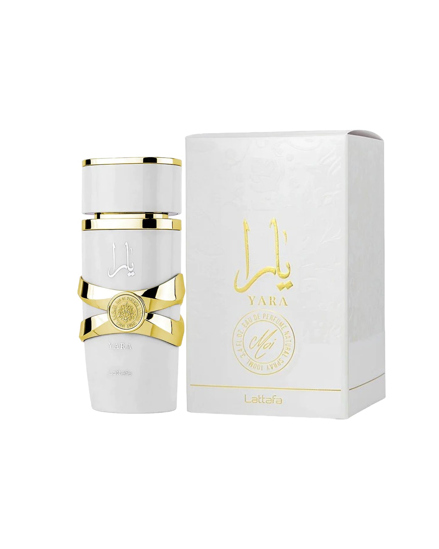 yara moi by lattafa perfumes bottle beside its box shows against white background