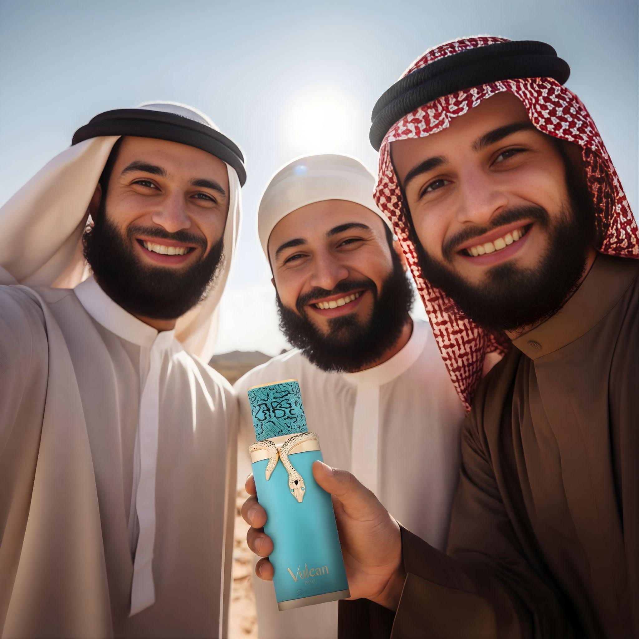 young energetic 3 muslim arabian men holding vulcan feu perfume bottle